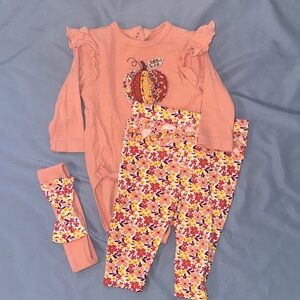 Little Me Coral Ribbed Long-Sleeve pumpkin appliqué pant set